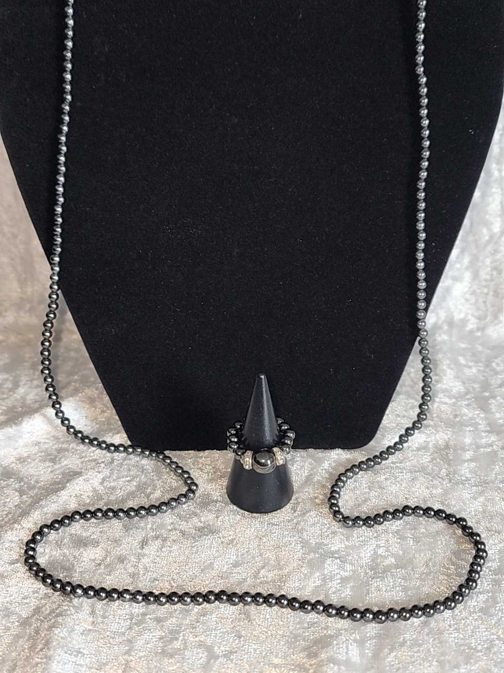 Classic Black Hematite Bead Necklace and Ring Set